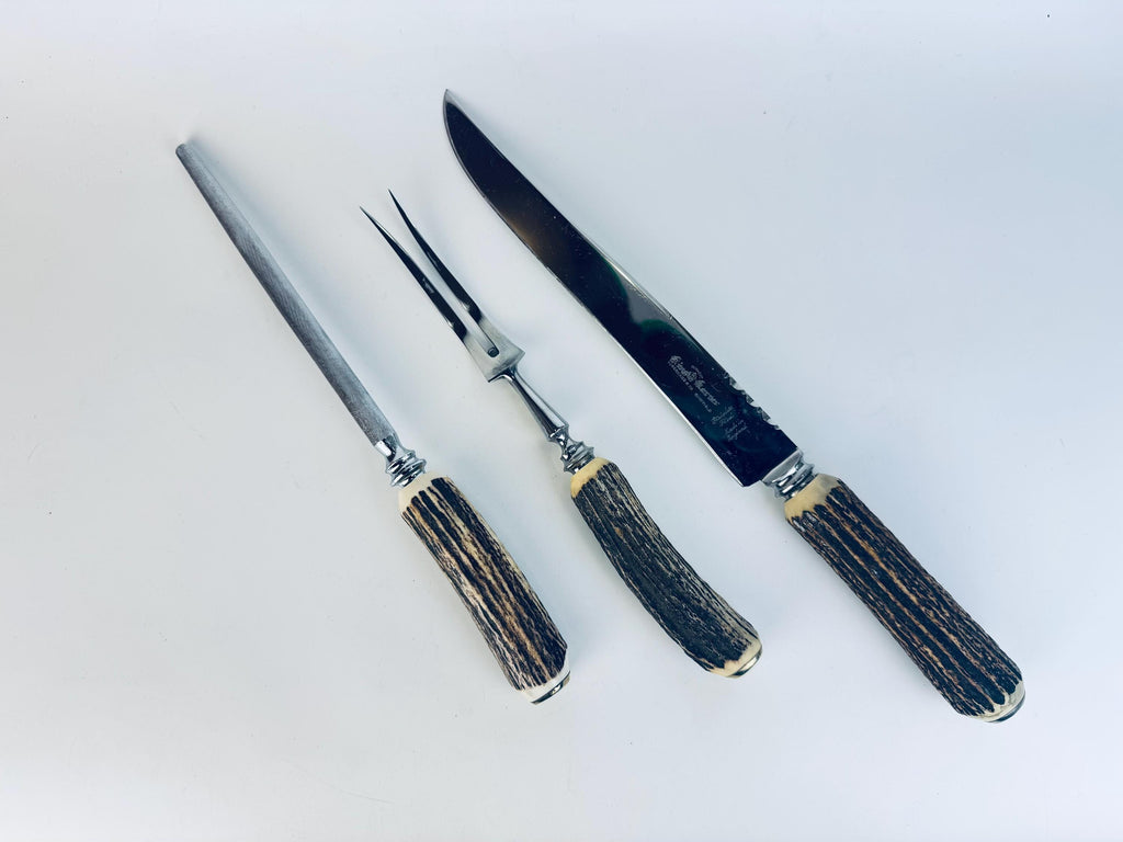 Vintage 1960s Glo-Hill Sheffield Stag Horn Carving Set with Antler Handles  Duracut Stainless Steel in Box - Made In Sheffield England