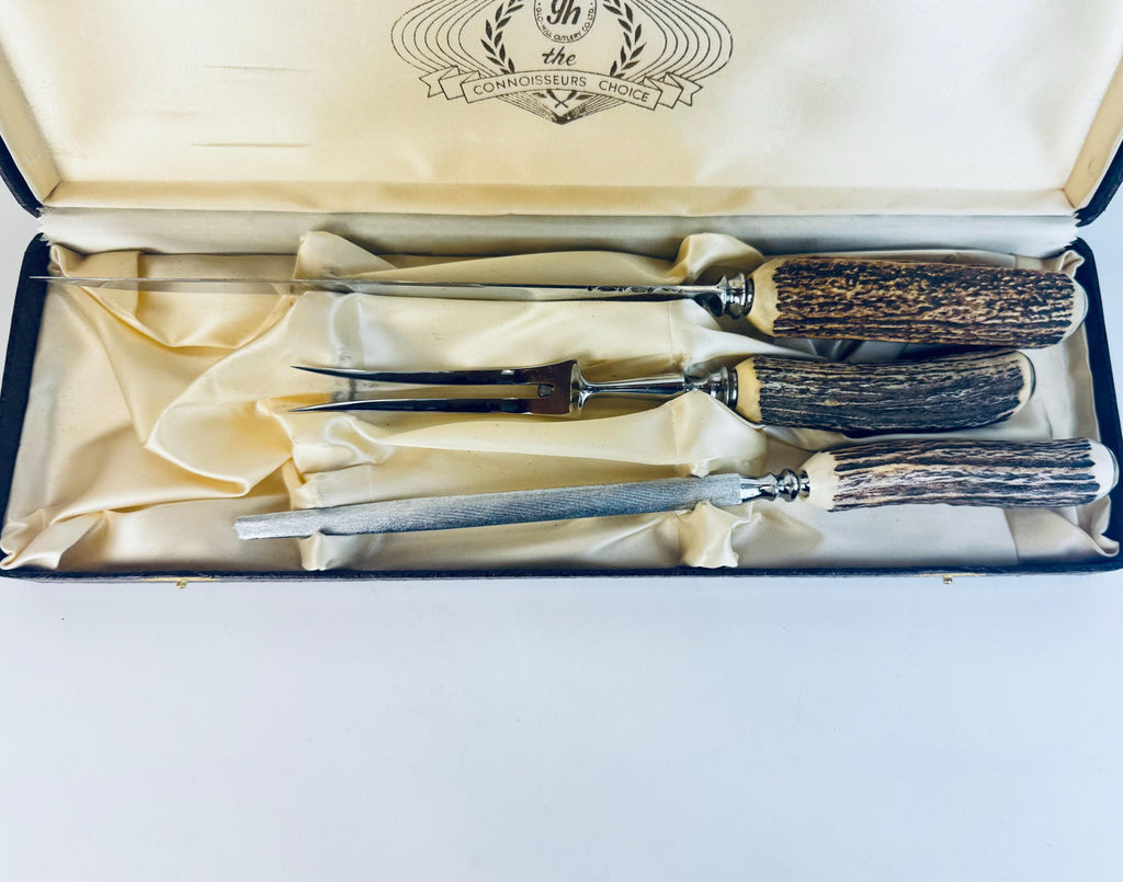 Vintage 1960s Glo-Hill Sheffield Stag Horn Carving Set with Antler Handles  Duracut Stainless Steel in Box - Made In Sheffield England