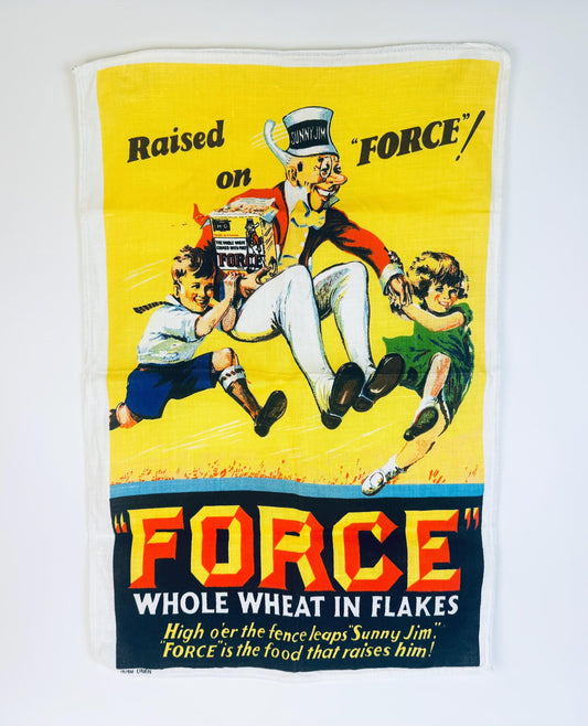 Vintage-style advertisement for 'Force' whole wheat in flakes with cartoon characters and text.