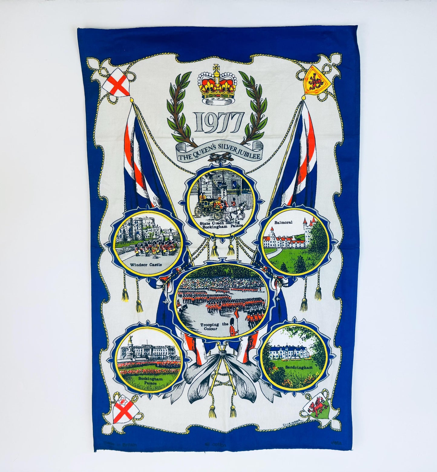 Decorative towel with images and text on a blue background