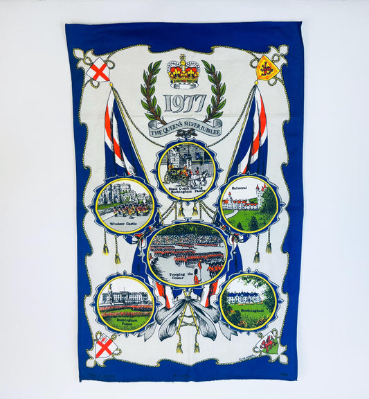 Decorative towel with images and text on a blue background