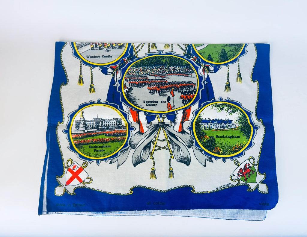 Vintage 1977 Queens Silver Jubilee Tea Towel  Blue Cotton British Royal Commemorative Kitchen Linen