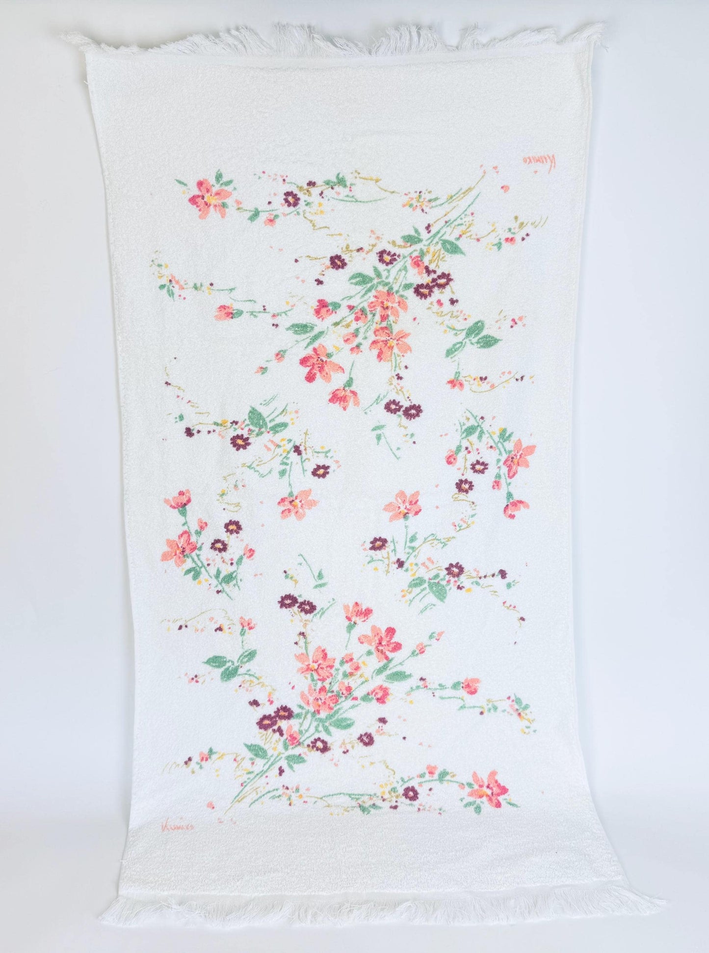 Vintage 1980s Wabasso Kimiko Floral Bath Towel  White Cotton Blend with Signed Pink and Purple Flowers Made in Canada