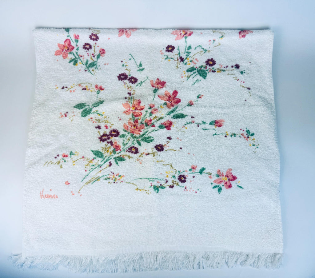 Vintage 1980s Wabasso Kimiko Floral Bath Towel  White Cotton Blend with Signed Pink and Purple Flowers Made in Canada