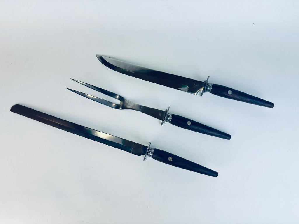 Vintage 1960s Rosewood Handle Carving Set Stainless Steel Japan for Holiday Serving - Made In Japan