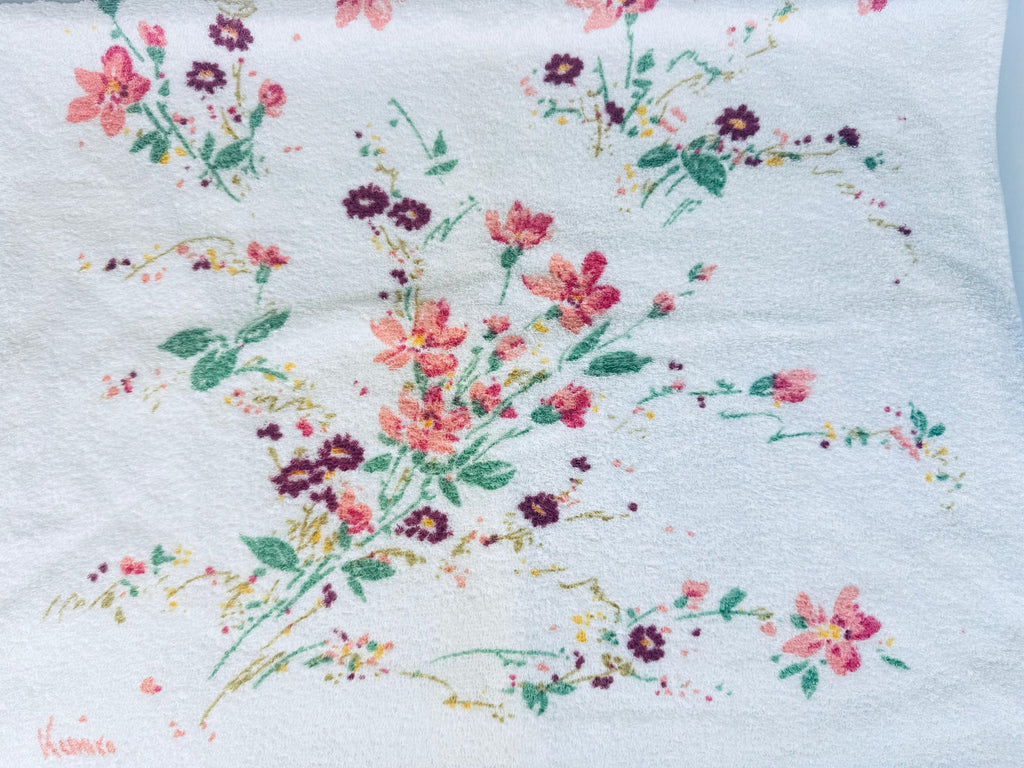 Vintage 1980s Wabasso Kimiko Floral Bath Towel  White Cotton Blend with Signed Pink and Purple Flowers Made in Canada