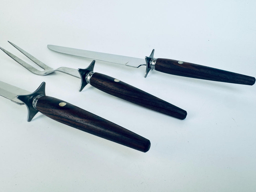 Vintage 1960s Rosewood Handle Carving Set Stainless Steel Japan for Holiday Serving - Made In Japan