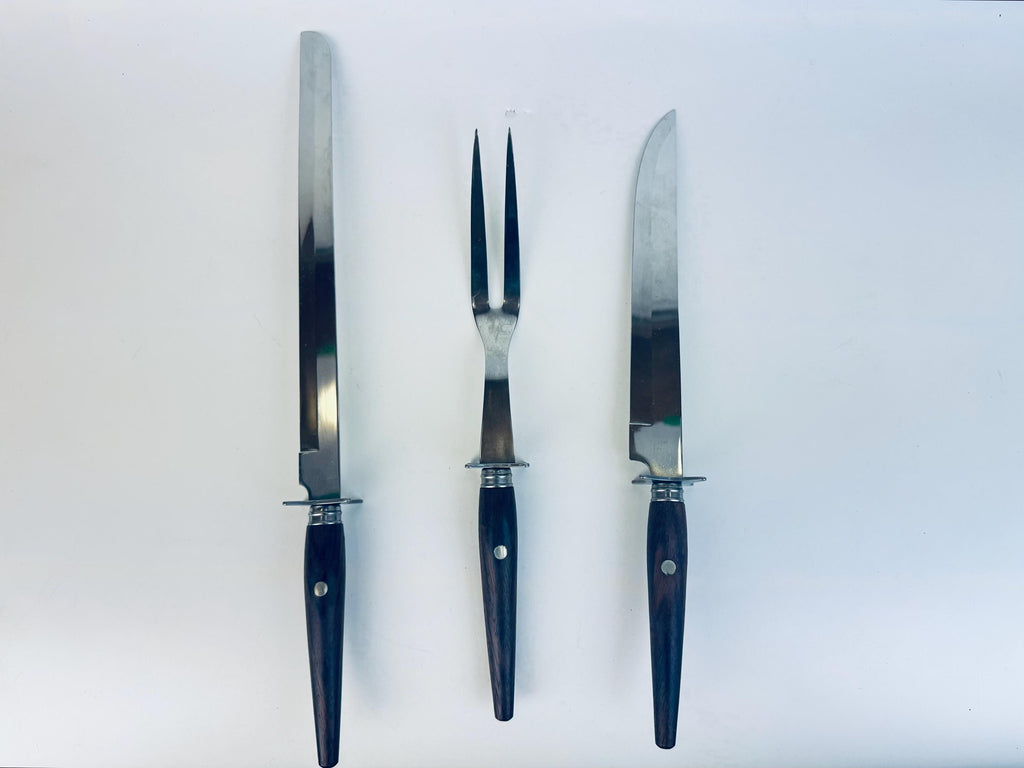 Vintage 1960s Rosewood Handle Carving Set Stainless Steel Japan for Holiday Serving - Made In Japan
