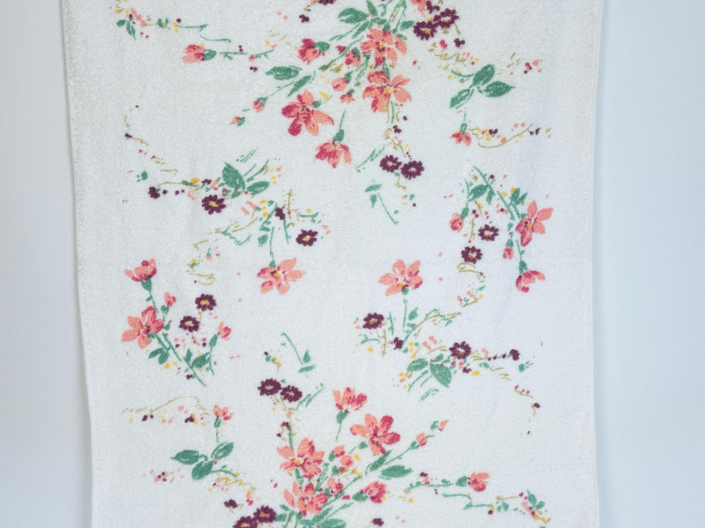 Vintage 1980s Wabasso Kimiko Floral Bath Towel  White Cotton Blend with Signed Pink and Purple Flowers Made in Canada