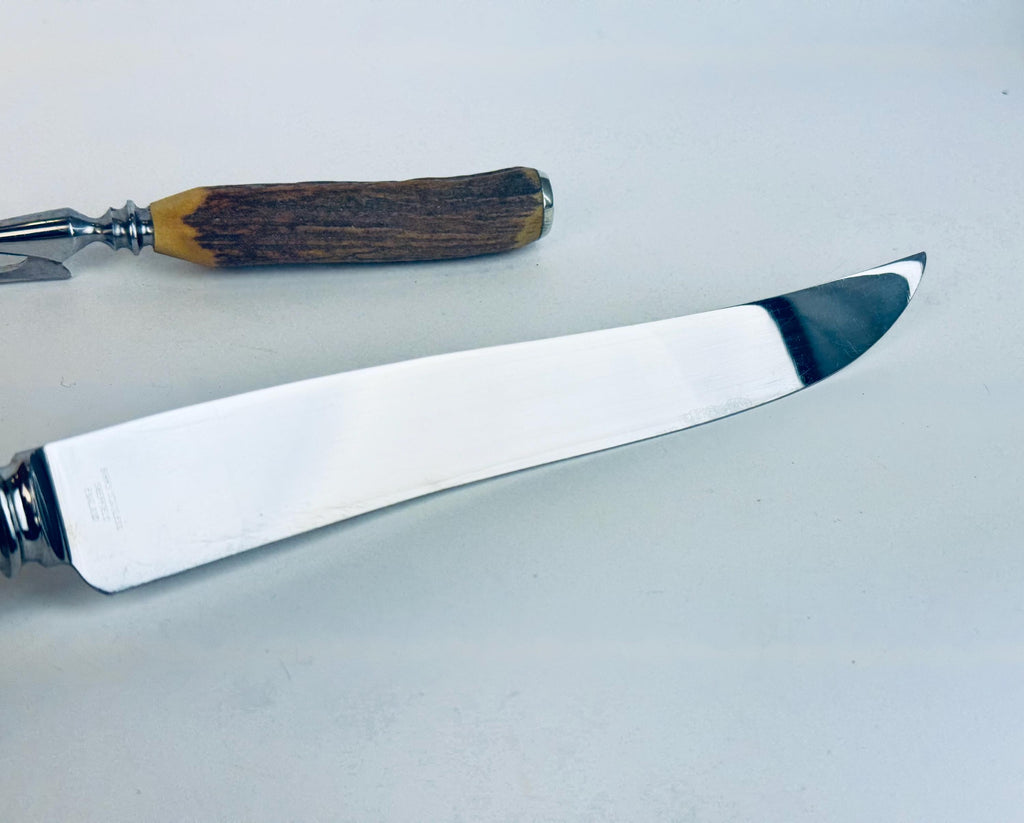 Vintage 1950s Birks Sheffield Stainless Steel Antler-Handle Carving Set (3-Piece) for Dining - Made In England
