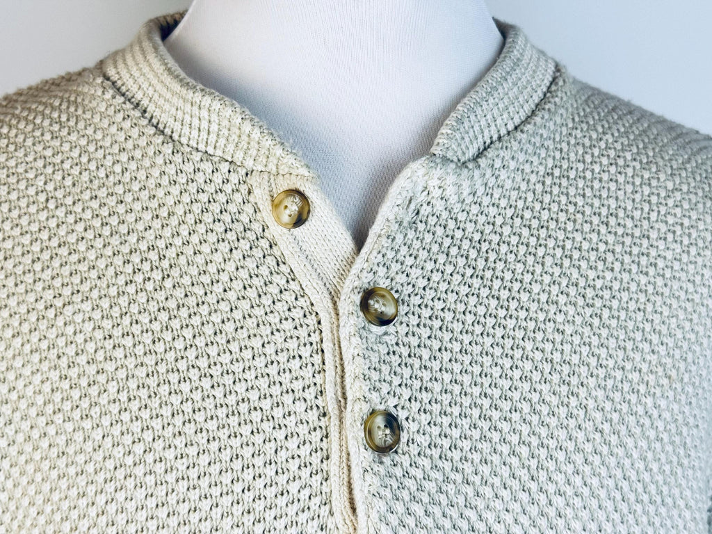 Vintage 'PECONIC Bay Traders' Beige Waffle Knit Henley Sweater - Size X-Large - Made In USA