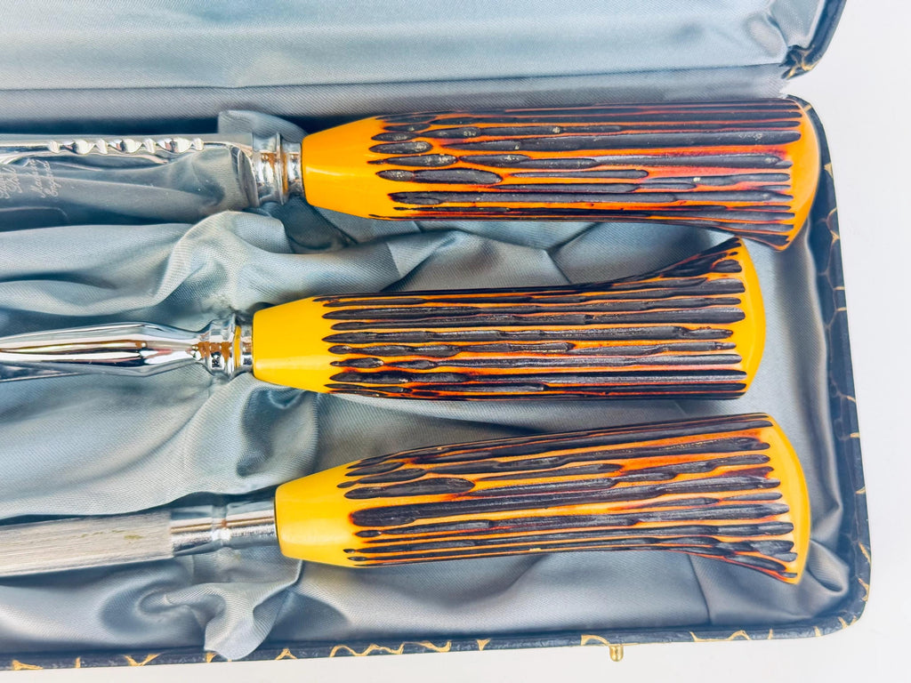 Vintage Faux 'Antler' Bakelite Serving Utensil Carving Knife Set - Sheffield England Forged Steel Knife Sharpener - Made In England
