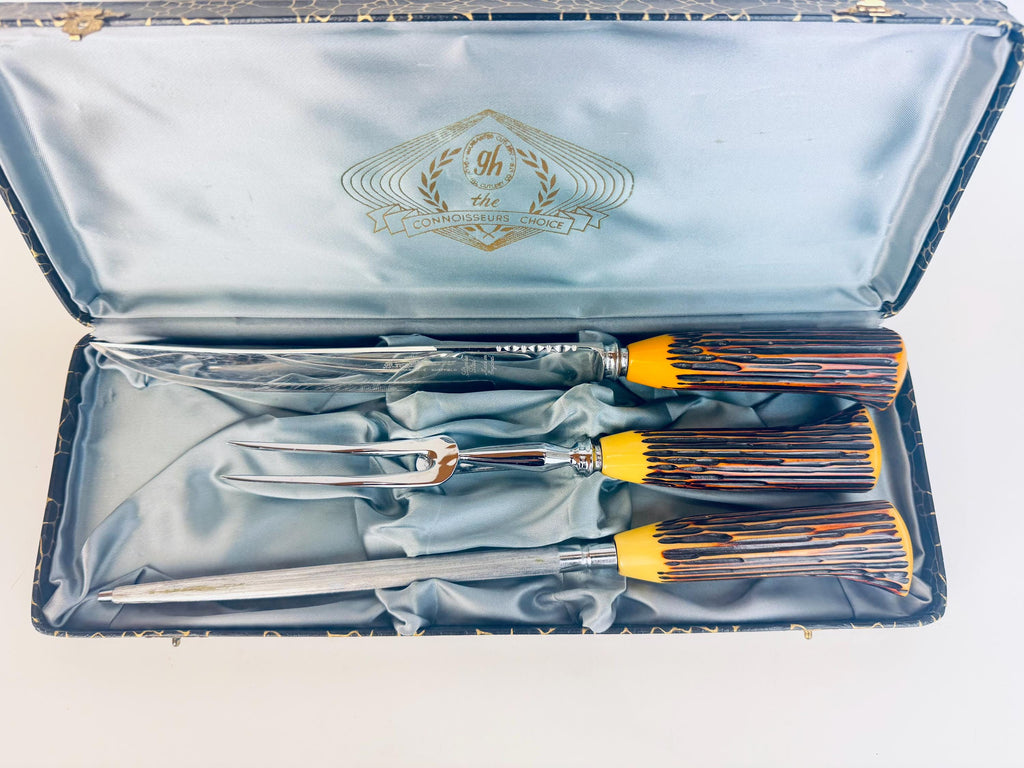 Vintage Faux 'Antler' Bakelite Serving Utensil Carving Knife Set - Sheffield England Forged Steel Knife Sharpener - Made In England