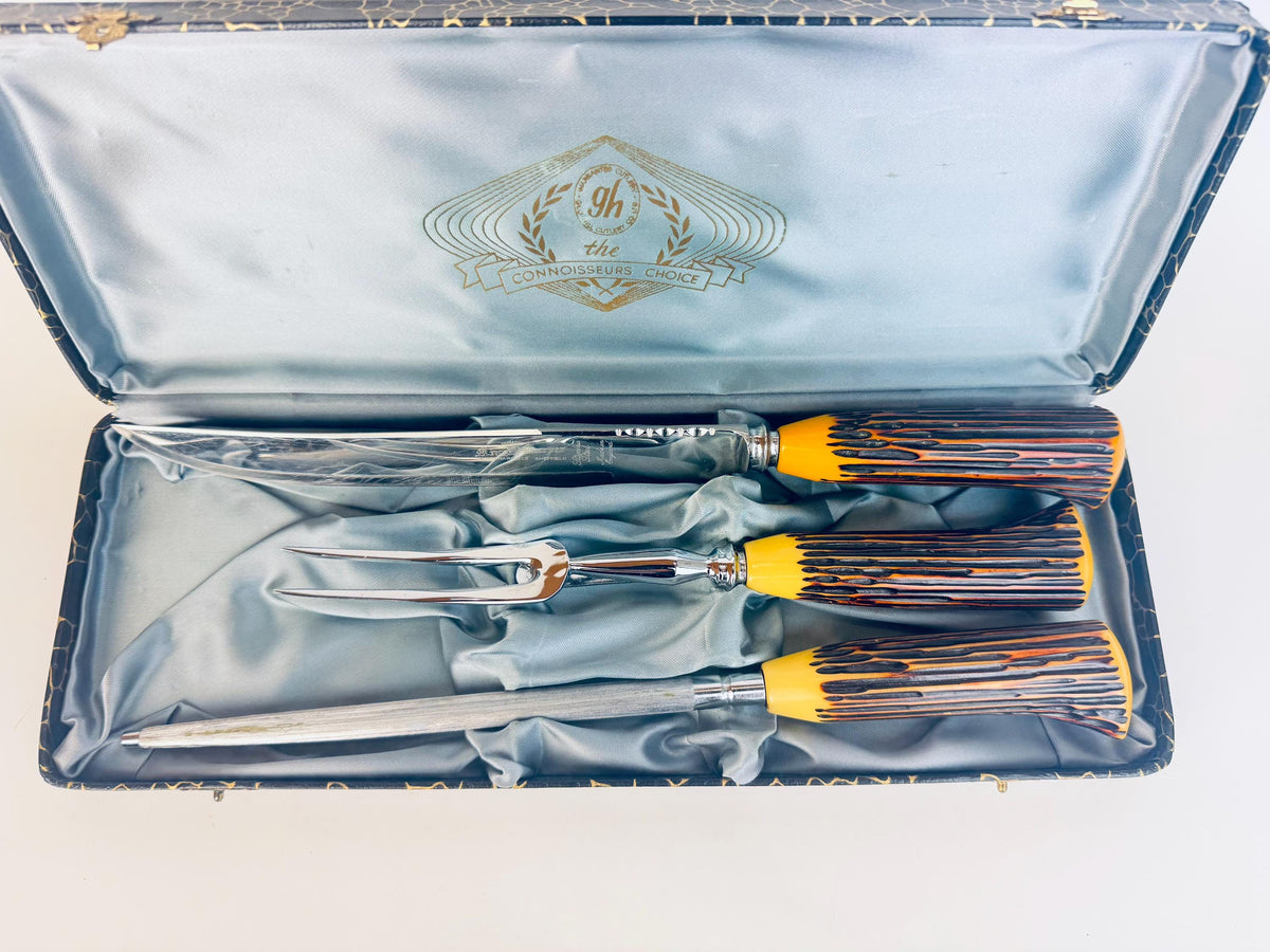 Vintage Faux 'Antler' Bakelite Serving Utensil Carving Knife Set - Sheffield England Forged Steel Knife Sharpener - Made In England