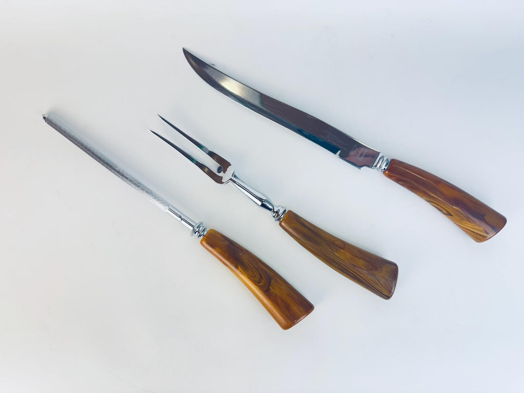 Vintage 1950s Glo-Hill Cutlery The Connoisseurs Choice Butterscotch Bakelite Carving Set  John Palmer Stainless Steel Canada - Canada Made