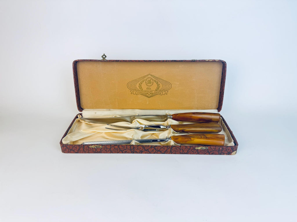 Vintage 1950s Glo-Hill Cutlery The Connoisseurs Choice Butterscotch Bakelite Carving Set  John Palmer Stainless Steel Canada - Canada Made