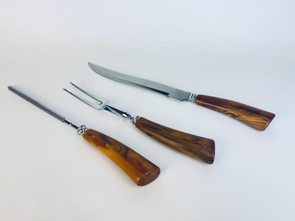 Vintage 1950s Glo-Hill Cutlery The Connoisseurs Choice Butterscotch Bakelite Carving Set  John Palmer Stainless Steel Canada - Canada Made