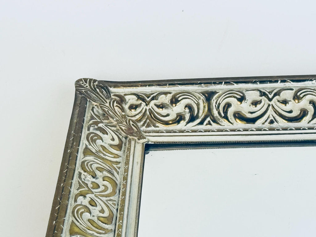 Vintage Gold Metal Vanity Display Mirror with White Enamel Scroll Frame  1960s Hollywood Regency Perfume Tray