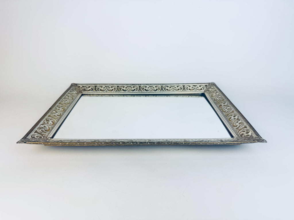Vintage Gold Metal Vanity Display Mirror with White Enamel Scroll Frame  1960s Hollywood Regency Perfume Tray