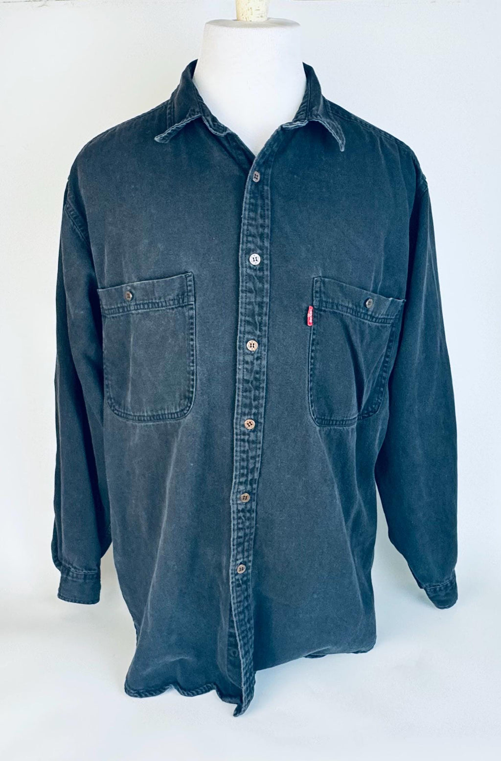 Vintage 1990s Levis Black Denim Button-Up Shirt  Size L  Red Tab Long Sleeve Made in Hong Kong