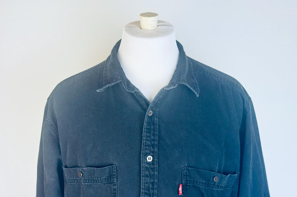 Vintage 1990s Levis Black Denim Button-Up Shirt  Size L  Red Tab Long Sleeve Made in Hong Kong