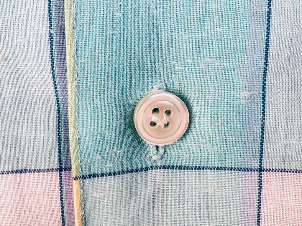 Vintage 1980s Aqua Plaid Mervyns Mens Collection Short Sleeve Button Down Shirt  Polyester Cotton Retro Casual Wear  Made In Korea