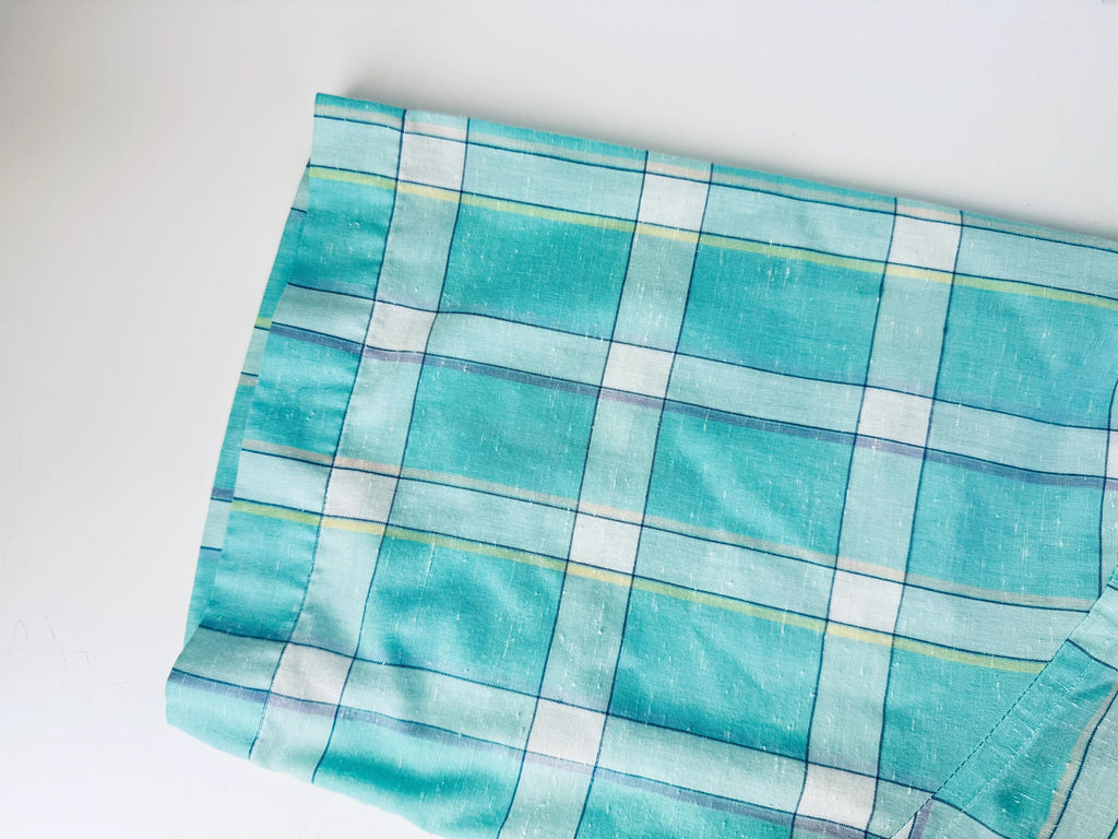 Vintage 1980s Aqua Plaid Mervyns Mens Collection Short Sleeve Button Down Shirt  Polyester Cotton Retro Casual Wear  Made In Korea