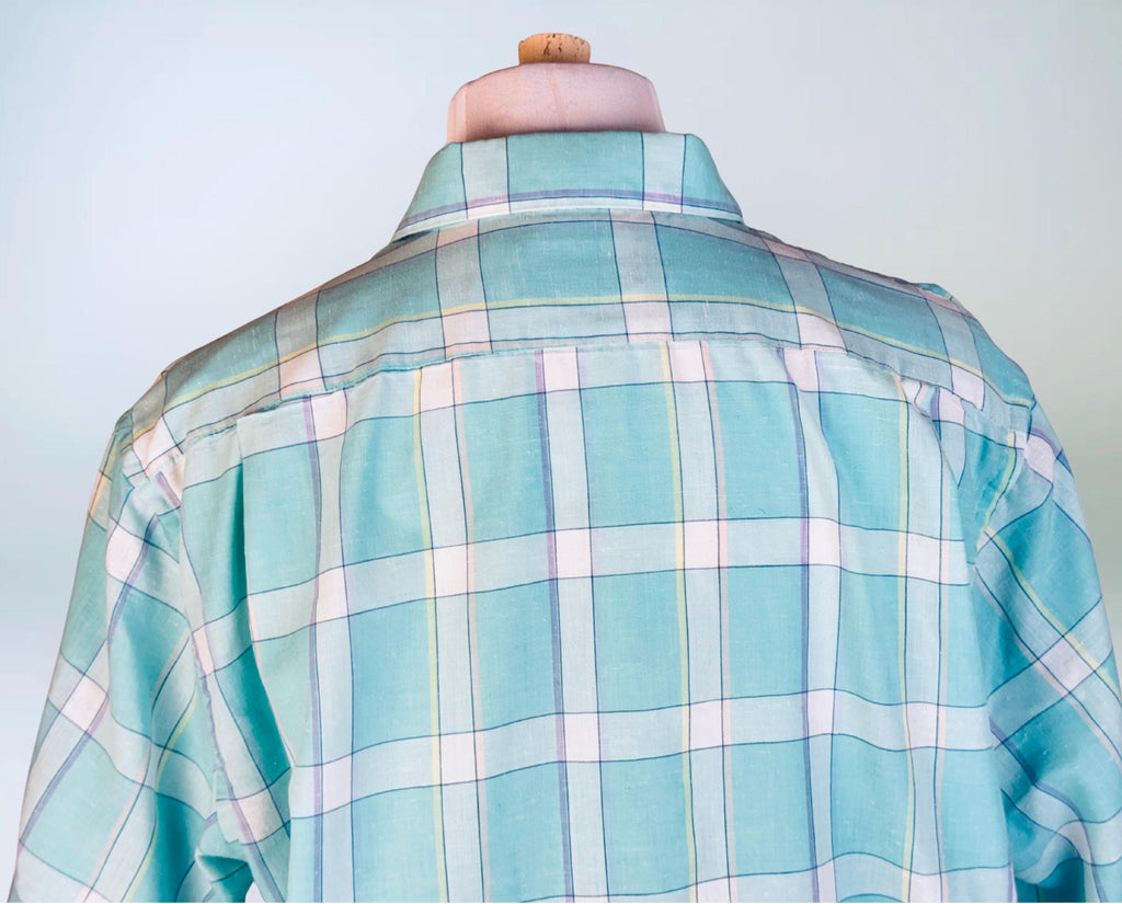 Vintage 1980s Aqua Plaid Mervyns Mens Collection Short Sleeve Button Down Shirt  Polyester Cotton Retro Casual Wear  Made In Korea