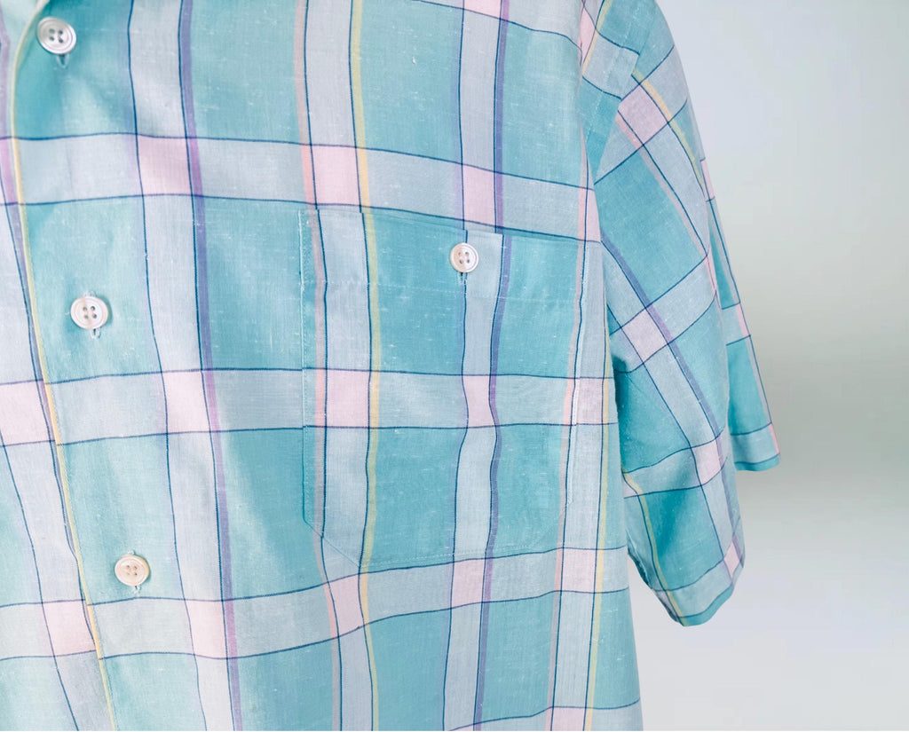 Vintage 1980s Aqua Plaid Mervyns Mens Collection Short Sleeve Button Down Shirt  Polyester Cotton Retro Casual Wear  Made In Korea
