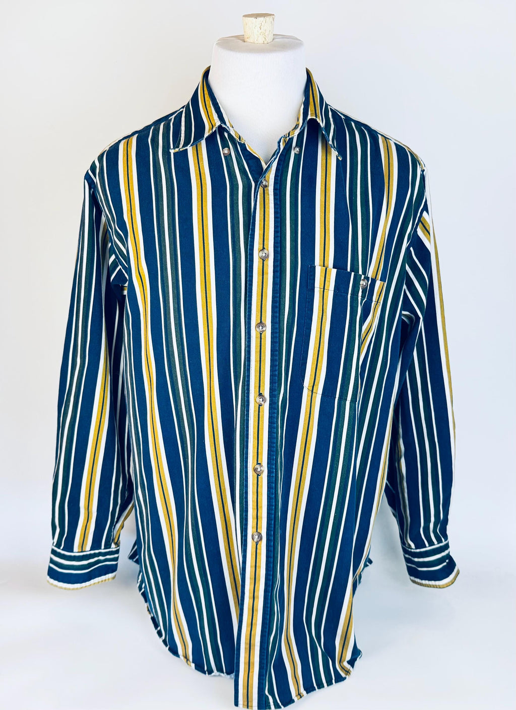 Vintage 1990s Trader Bay Striped Cotton Button Down Shirt  Navy Yellow Green White Long Sleeve Retro Casual