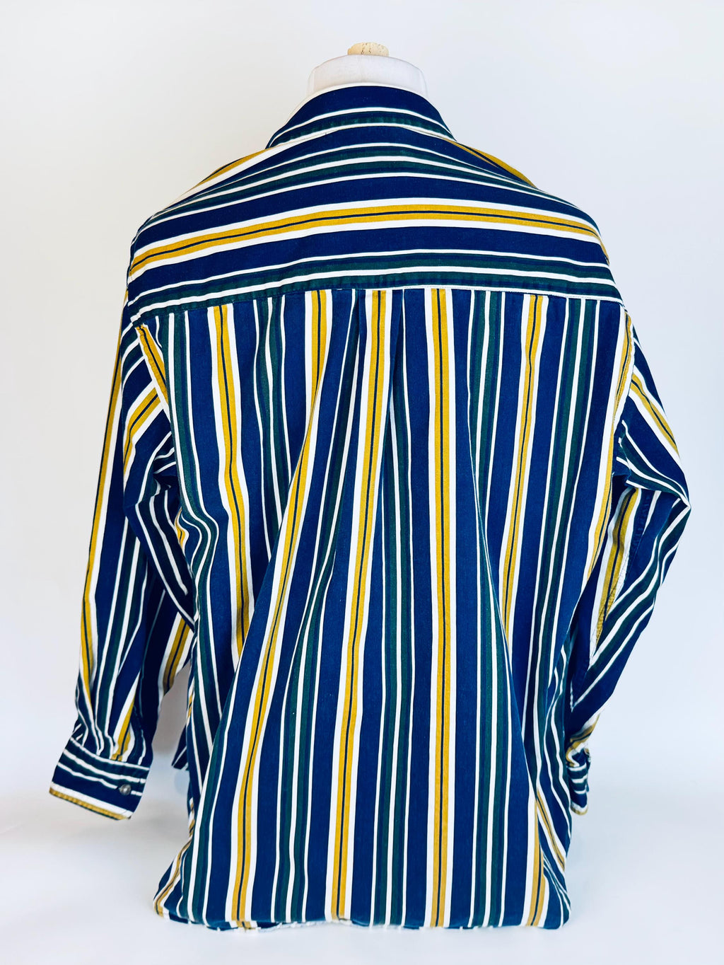 Vintage 1990s Trader Bay Striped Cotton Button Down Shirt  Navy Yellow Green White Long Sleeve Retro Casual