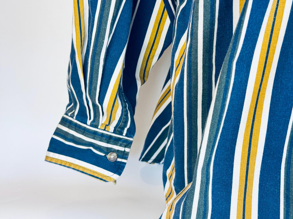Vintage 1990s Trader Bay Striped Cotton Button Down Shirt  Navy Yellow Green White Long Sleeve Retro Casual