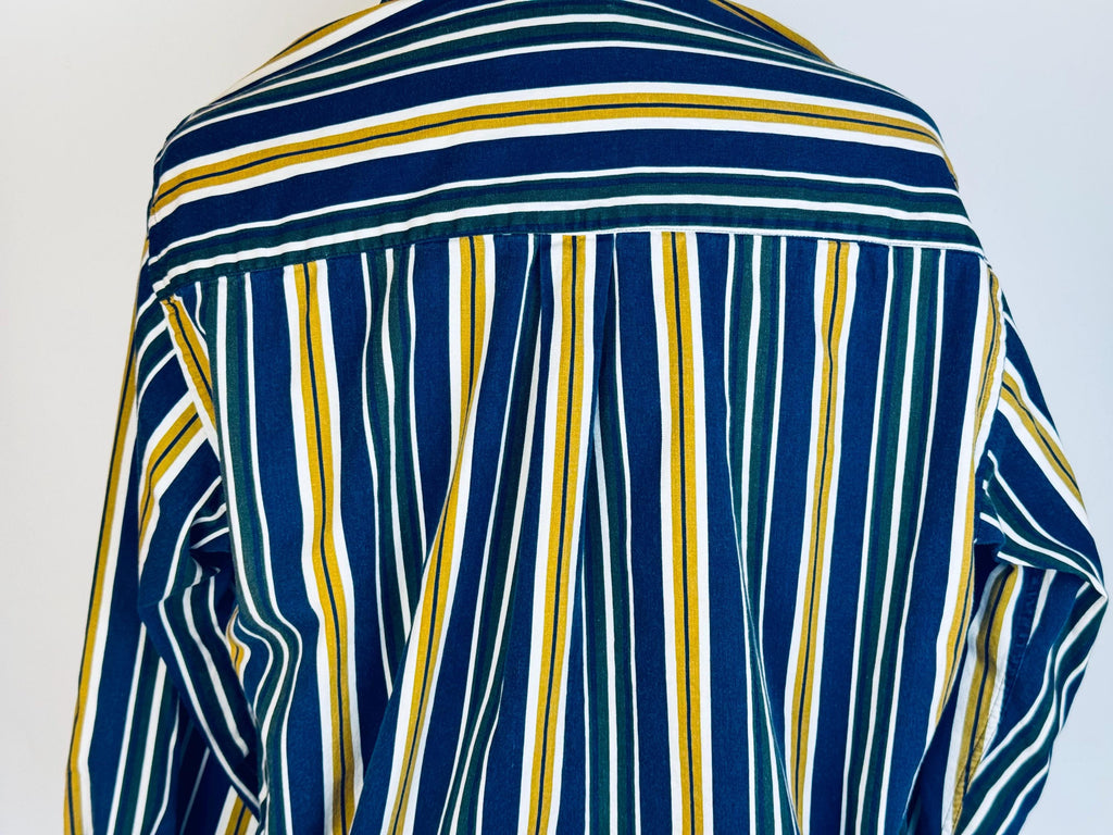 Vintage 1990s Trader Bay Striped Cotton Button Down Shirt  Navy Yellow Green White Long Sleeve Retro Casual