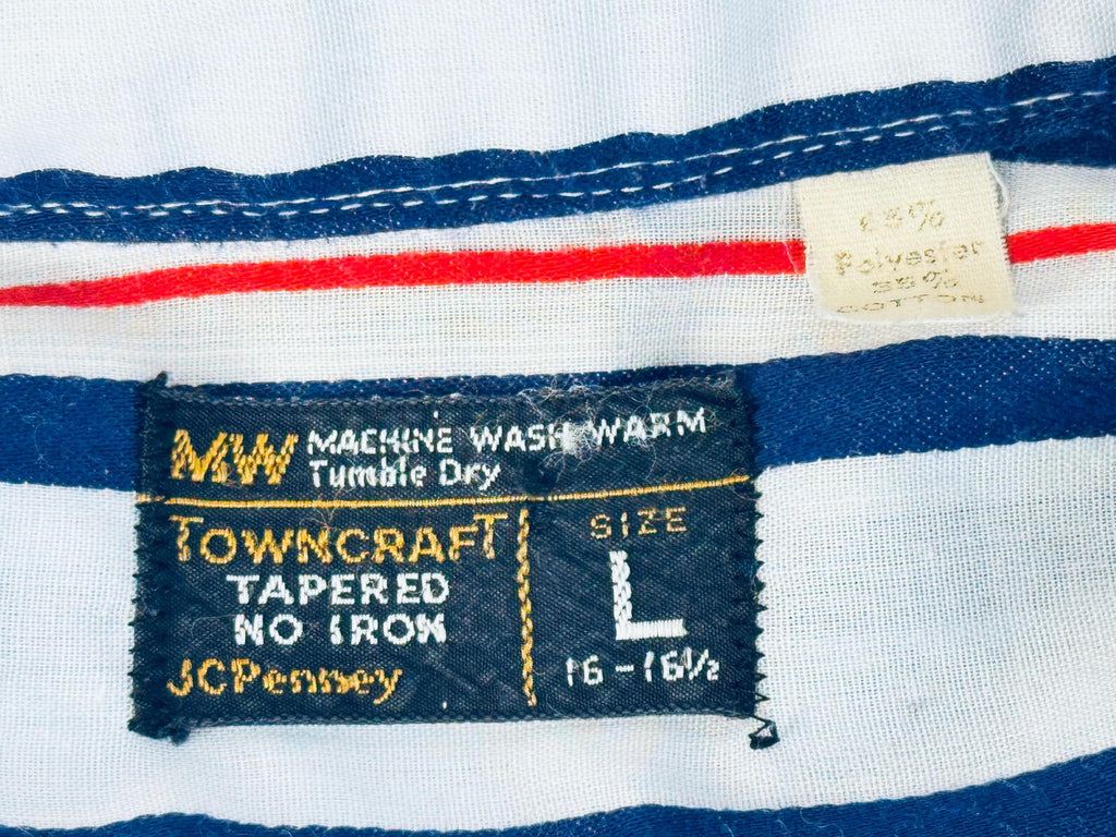 Vintage 1970s Towncraft JCPenney Striped Shirt Size L 1616.5  Red White Blue Polyester Cotton Long Sleeve Retro