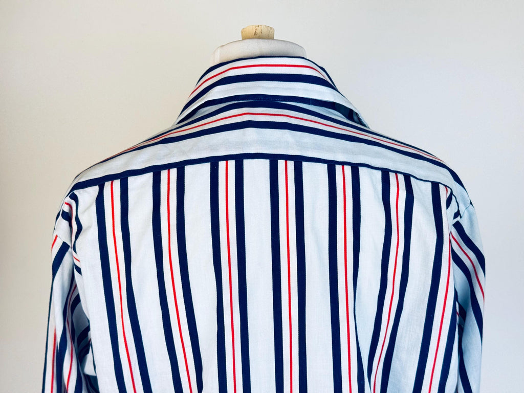 Vintage 1970s Towncraft JCPenney Striped Shirt Size L 1616.5  Red White Blue Polyester Cotton Long Sleeve Retro