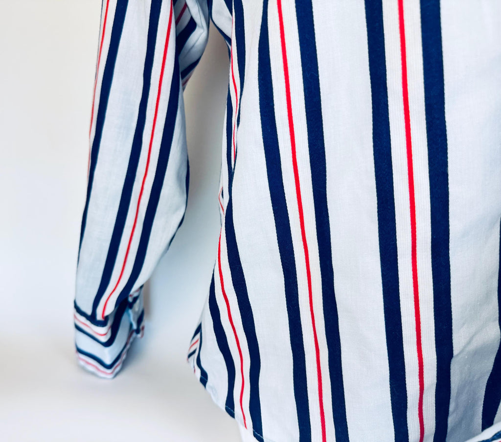 Vintage 1970s Towncraft JCPenney Striped Shirt Size L 1616.5  Red White Blue Polyester Cotton Long Sleeve Retro