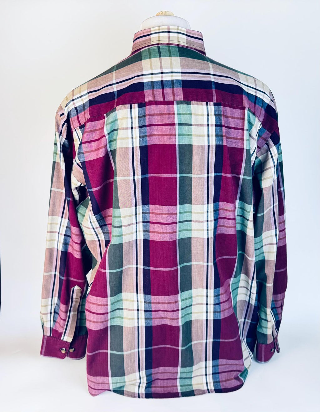 Vintage 1990s Functionals Plaid Shirt Size L 16-16.5  Burgundy Green Navy Cotton Blend Long Sleeve Retro