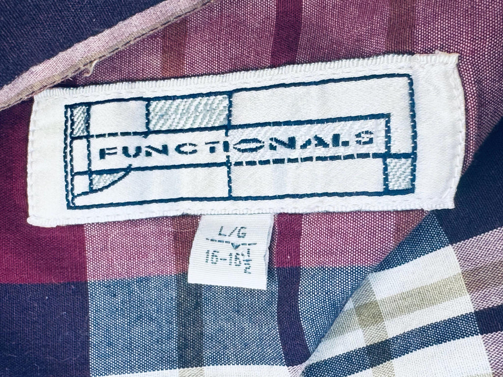 Vintage 1990s Functionals Plaid Shirt Size L 16-16.5  Burgundy Green Navy Cotton Blend Long Sleeve Retro