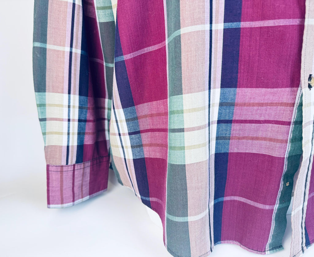 Vintage 1990s Functionals Plaid Shirt Size L 16-16.5  Burgundy Green Navy Cotton Blend Long Sleeve Retro