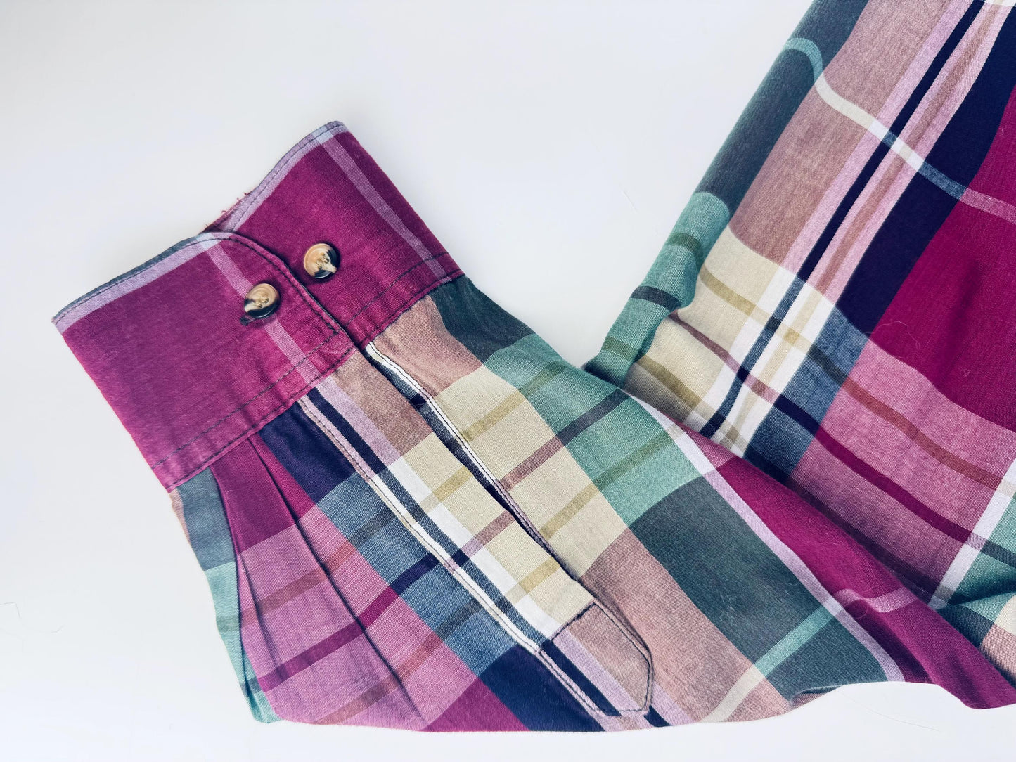 Vintage 1990s Functionals Plaid Shirt Size L 16-16.5  Burgundy Green Navy Cotton Blend Long Sleeve Retro