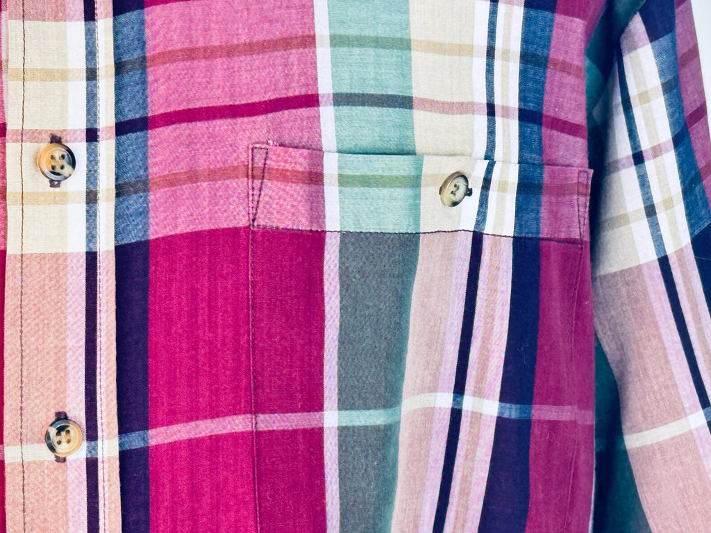 Vintage 1990s Functionals Plaid Shirt Size L 16-16.5  Burgundy Green Navy Cotton Blend Long Sleeve Retro