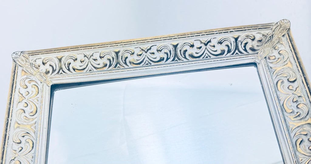 Vintage Gold Metal Vanity Display Mirror with White Enamel Scroll Frame  1960s Hollywood Regency Perfume Tray