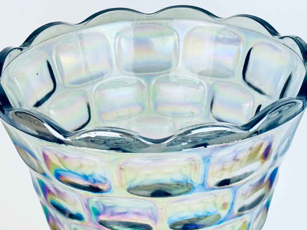 Vintage Iridescent “Yorktown Vase by Federal Glass  Smoke/Rainbow Luster, 1950s60s Pressed Glass, Scalloped Rim Flower Vase
