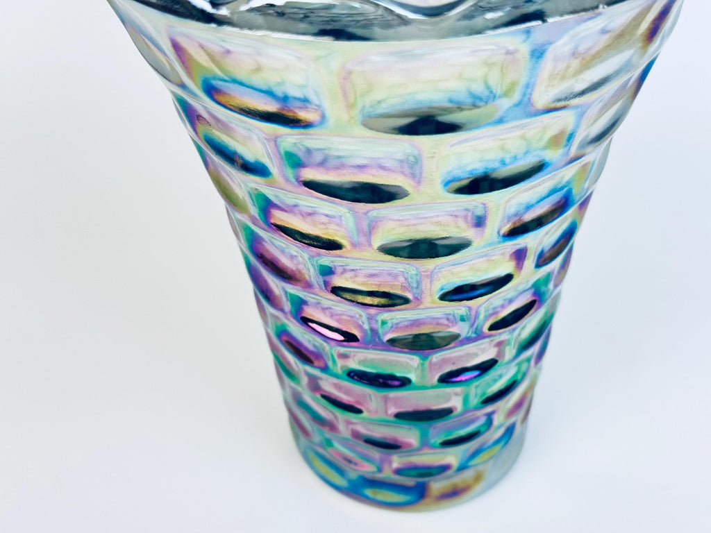 Vintage Iridescent “Yorktown Vase by Federal Glass  Smoke/Rainbow Luster, 1950s60s Pressed Glass, Scalloped Rim Flower Vase