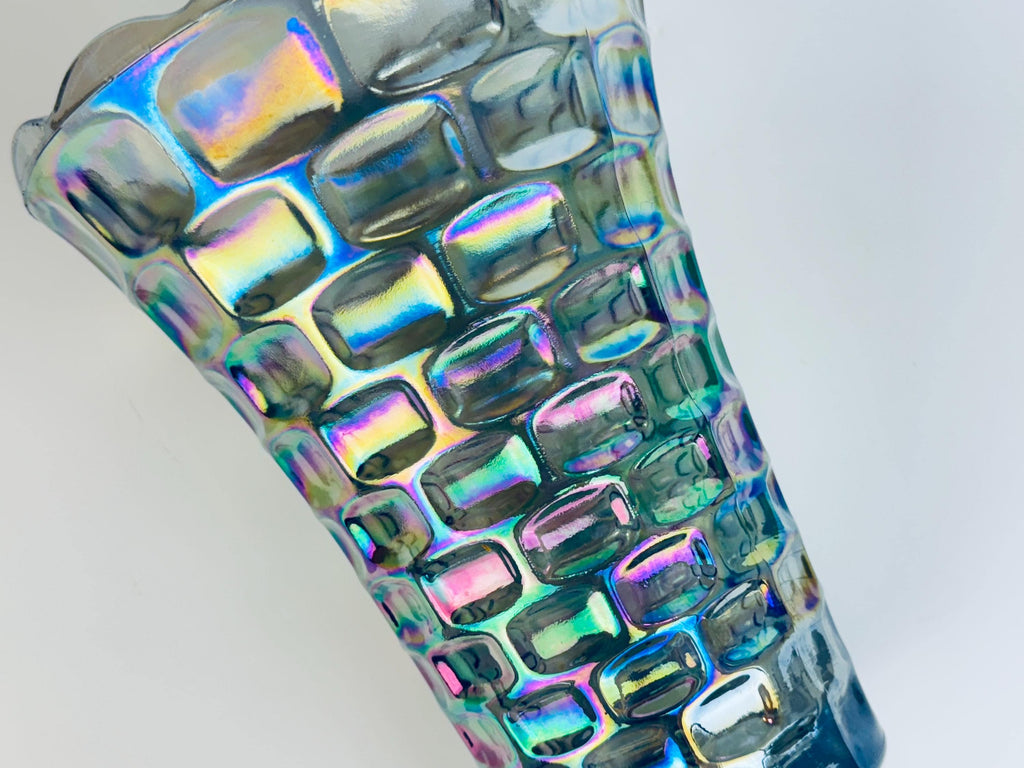 Vintage Iridescent “Yorktown Vase by Federal Glass  Smoke/Rainbow Luster, 1950s60s Pressed Glass, Scalloped Rim Flower Vase