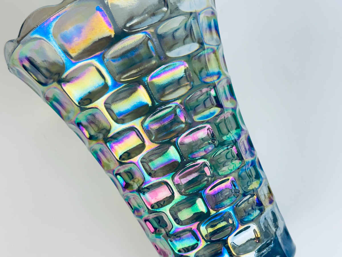 Vintage Iridescent “Yorktown Vase by Federal Glass  Smoke/Rainbow Luster, 1950s60s Pressed Glass, Scalloped Rim Flower Vase