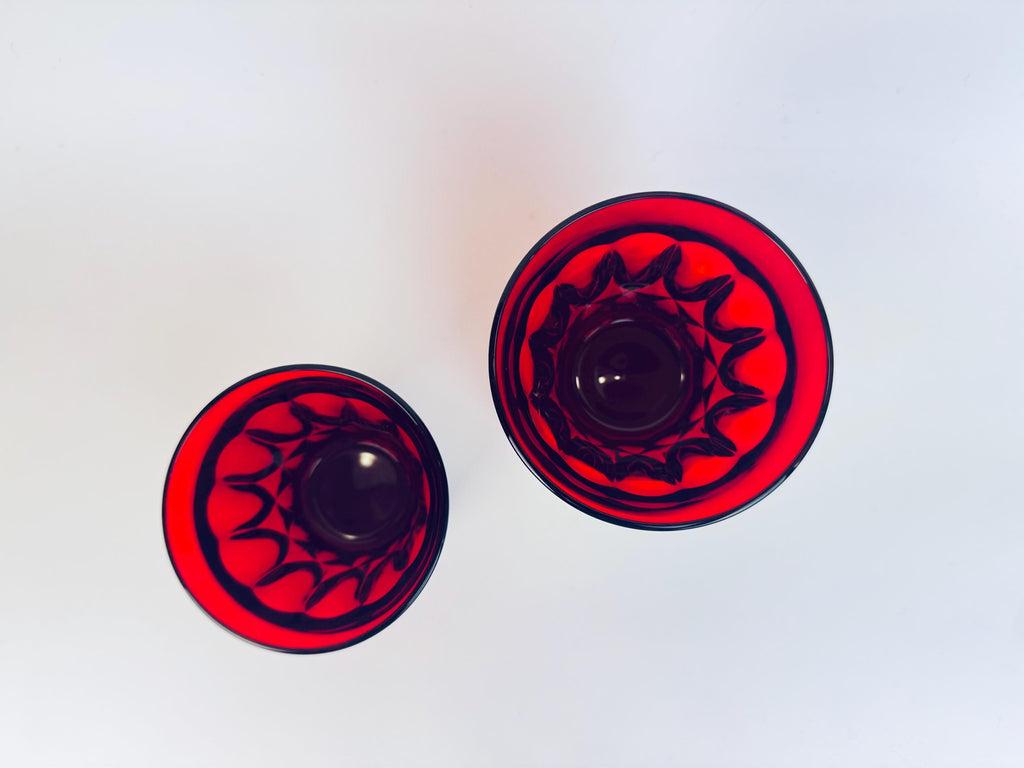 Vintage Ruby Red Heavy Pressed Glasses - Set of Two (2) - 'Perspective' By Noritake - Made In Japan