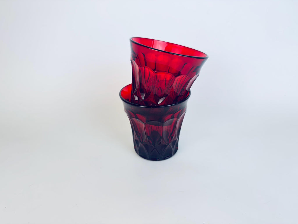 Vintage Ruby Red Heavy Pressed Glasses - Set of Two (2) - 'Perspective' By Noritake - Made In Japan