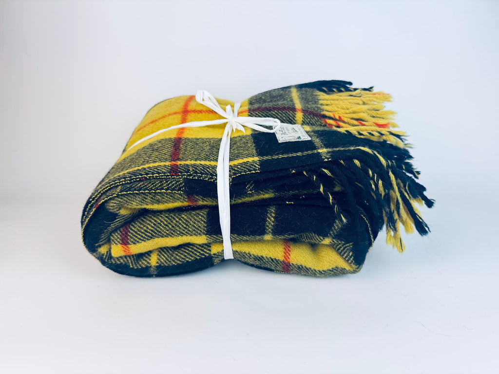 Vintage 1970s Ayers MacLeod Clan Tartan Wool Throw Blanket  Yellow & Black Plaid Wool Throw