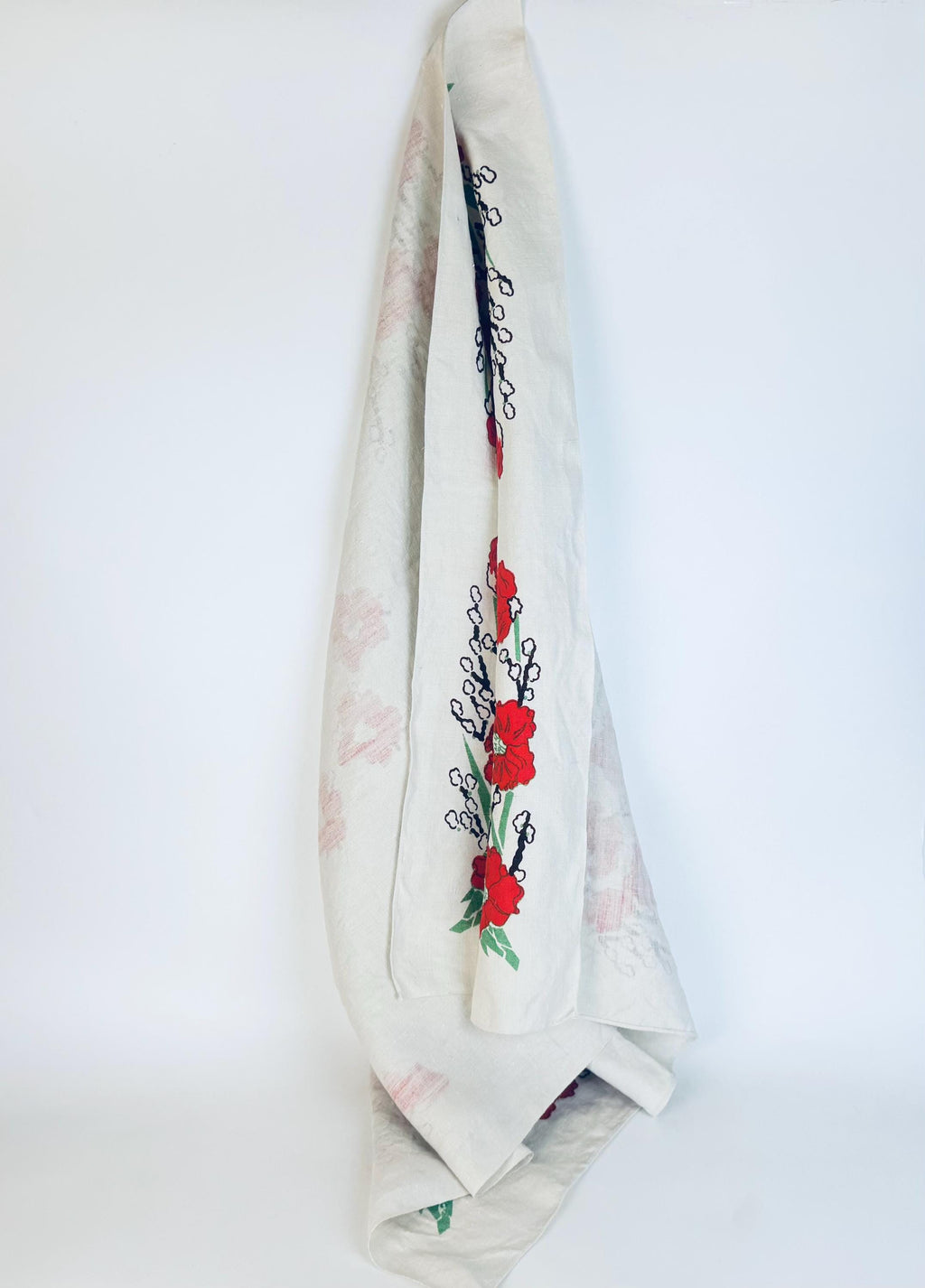 Vintage 1950s Mid-Century Red Floral Linen Square Tablecloth  Vintage Botanical Dining Linen - 34" x 34"
